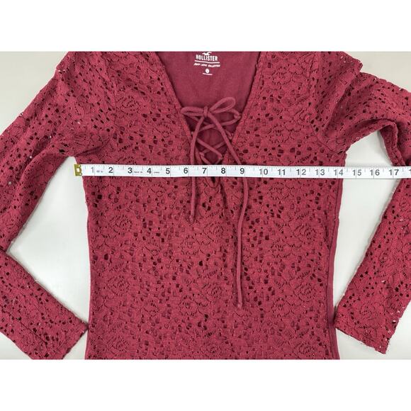 Hollister Y2K Womens Crochet Lace Long Sleeve Top S Burgundy Boho V-Neck Tie - Picture 4 of 12
